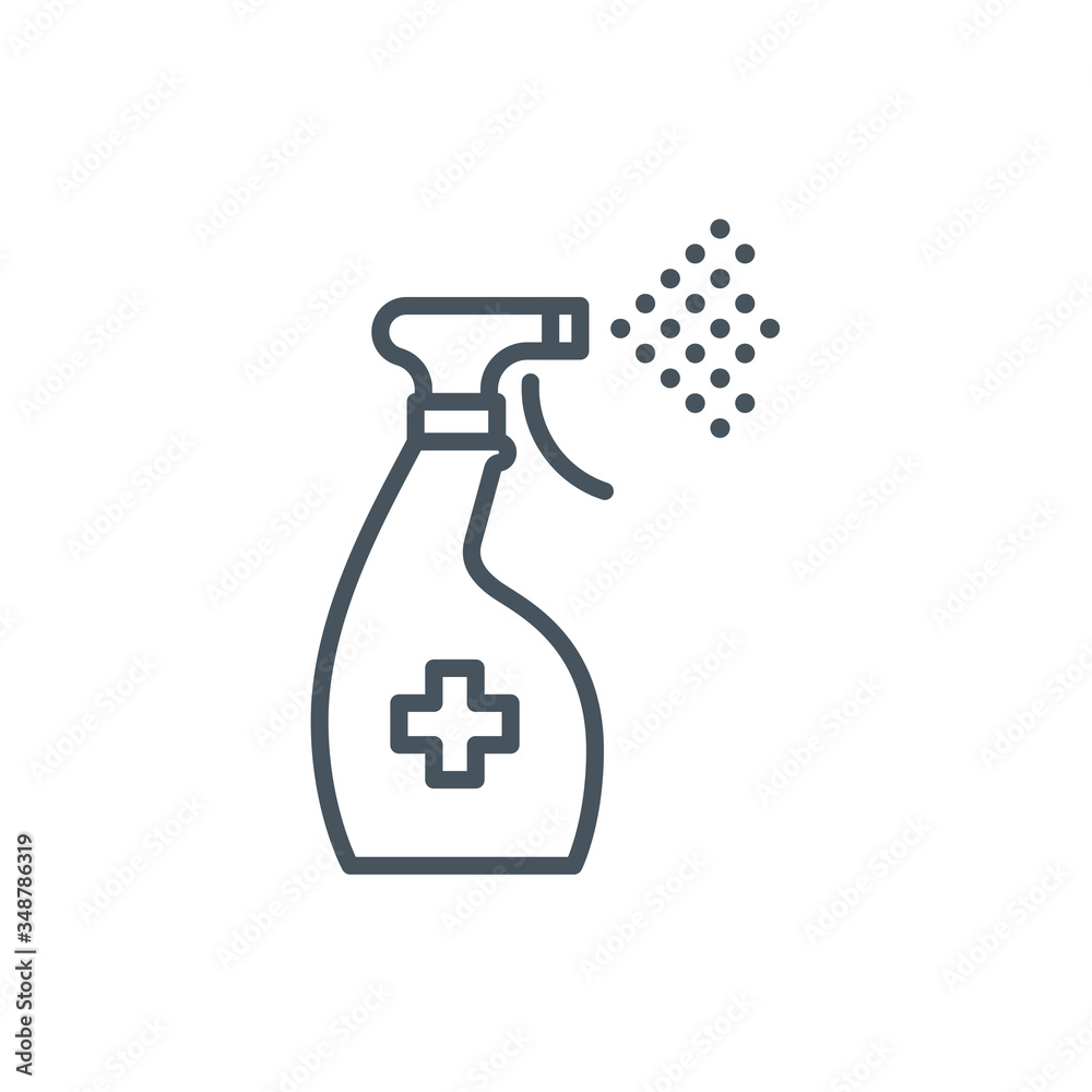 antiseptic spray bottle single line icon isolated on white. Perfect outline symbol cleaner Coronavirus Covid 19 pandemic banner. Quality design element antibacterial sanitizer with editable Stroke