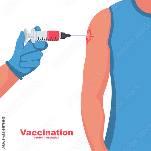 Vaccination concept. Medical template landing page. Doctor vaccinating patient in clinic. Injection in syringe. Vector illustration flat design. Isolated on white background. Shot in the shoulder.