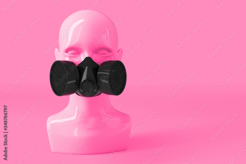 Minimalistic glamorous background with a feminine pink shiny porcelain face and black respirator on a pink background. 3D illustration. Minimalistic glamorous background with a feminine pink shiny porcelain face and black respirator on a pink background. 3D illustration.
