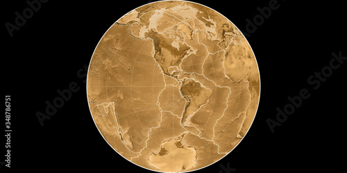 James Azimuthal (90W), sepia, tectonic plates photo