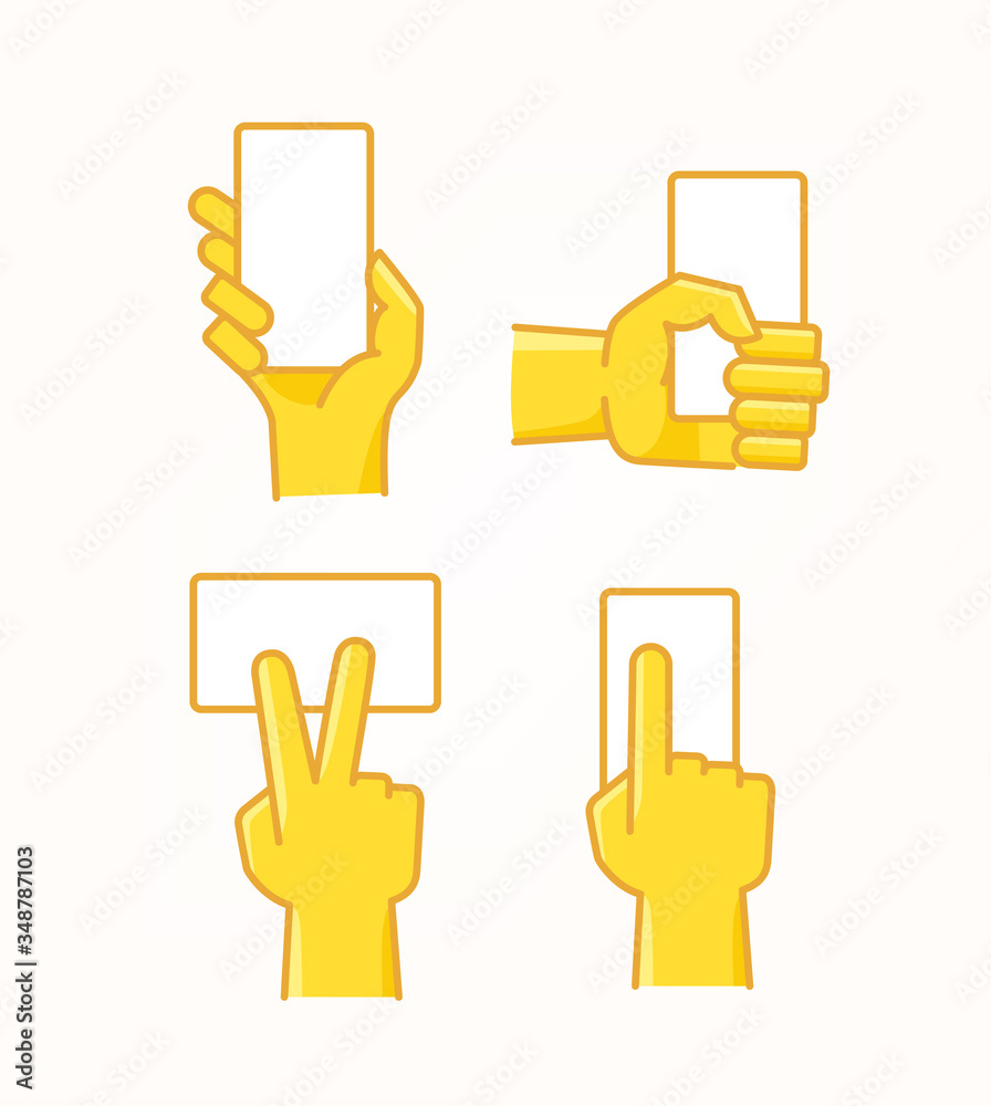 Hand holding, tapping, pressing screen of modern smartphone. comic style vector icons collection Hand holding, tapping, pressing screen of modern smartphone. comic style vector icons collection
