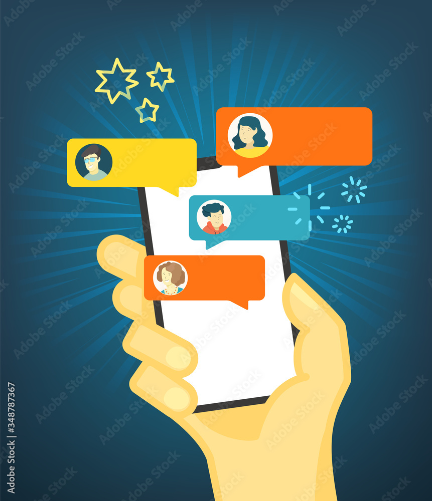 Hand holding modern smartphone with open with people Hand holding modern smartphone with open with people