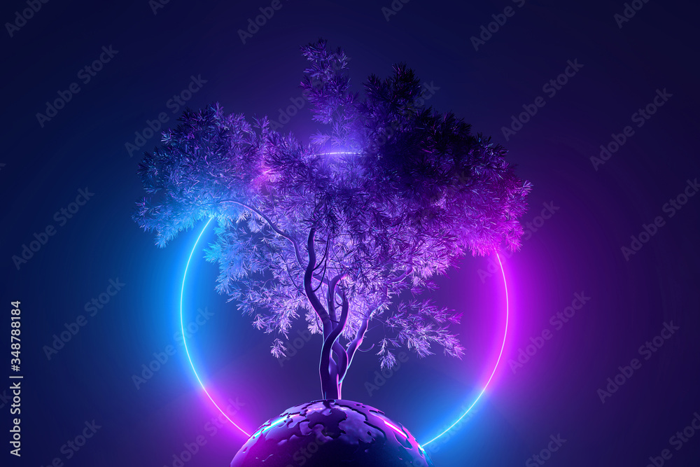 Abstract neon background, mystical cosmic tree sprouting through a ...