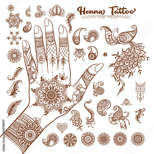 Female hand and set of traditional indian henna tattoo elements. Vector illustration.