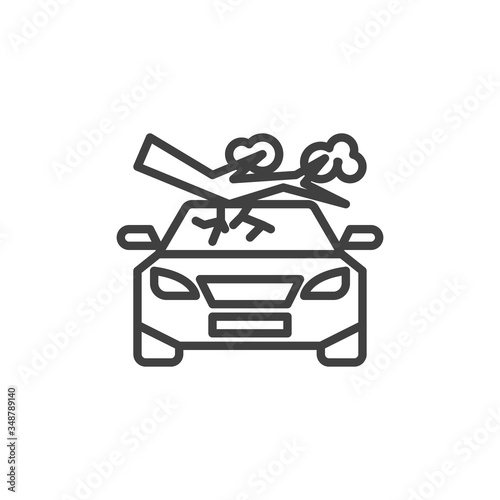 Tree fall down on car line icon. linear style sign for mobile concept and web design. Car crushed by tree outline vector icon. Auto disaster insurance symbol, logo illustration. Vector graphics