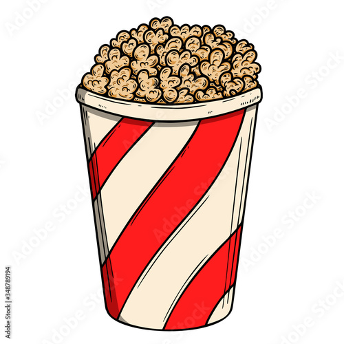 Set of Illustration of popcorn box in engraving style. Design element for logo, label, sign, poster, t shirt. Vector illustration