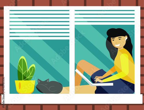 Woman with laptop and headphones sit on plastic window. Remote work from home, freelance. Online learning. Potted flower and cat on window sill. Brick background.Vector illustration in flat style.