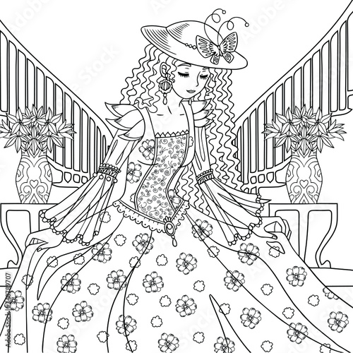 Lady in victorian dress bows in the big palace.A beauty with long hair and a decorated hat. Vector outline illustration for coloring book pages for adults.