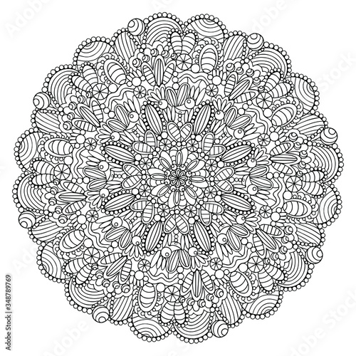 Beautiful jewelry mandala for coloring book for adults. Vector outline illustration for art therapy. Isolated line art with doodle and pattern for relaxing at home.Round elements for coloring page.