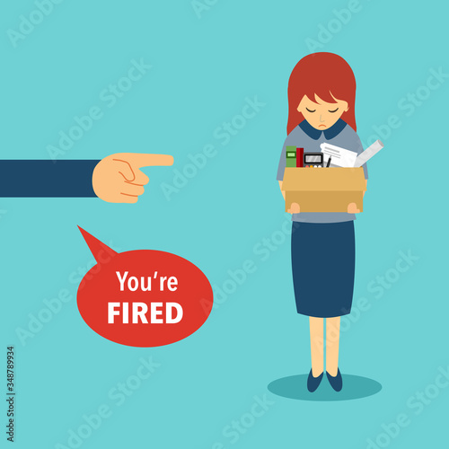 Businesswoman leaving job vector illustration. Fired office worker in flat design. Employee firing concept. Boss said you’re fired while company staff holding stuff with sad face.