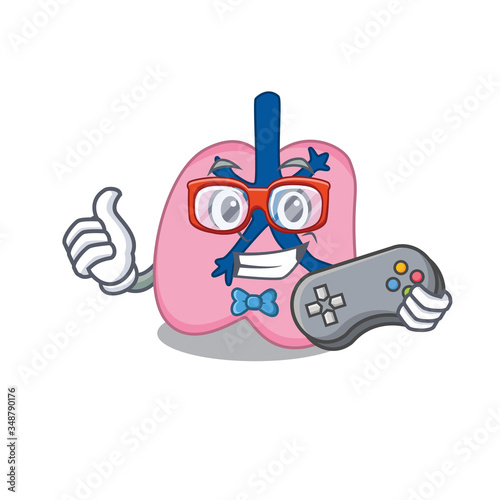 Mascot design style of lung gamer playing with controller photo