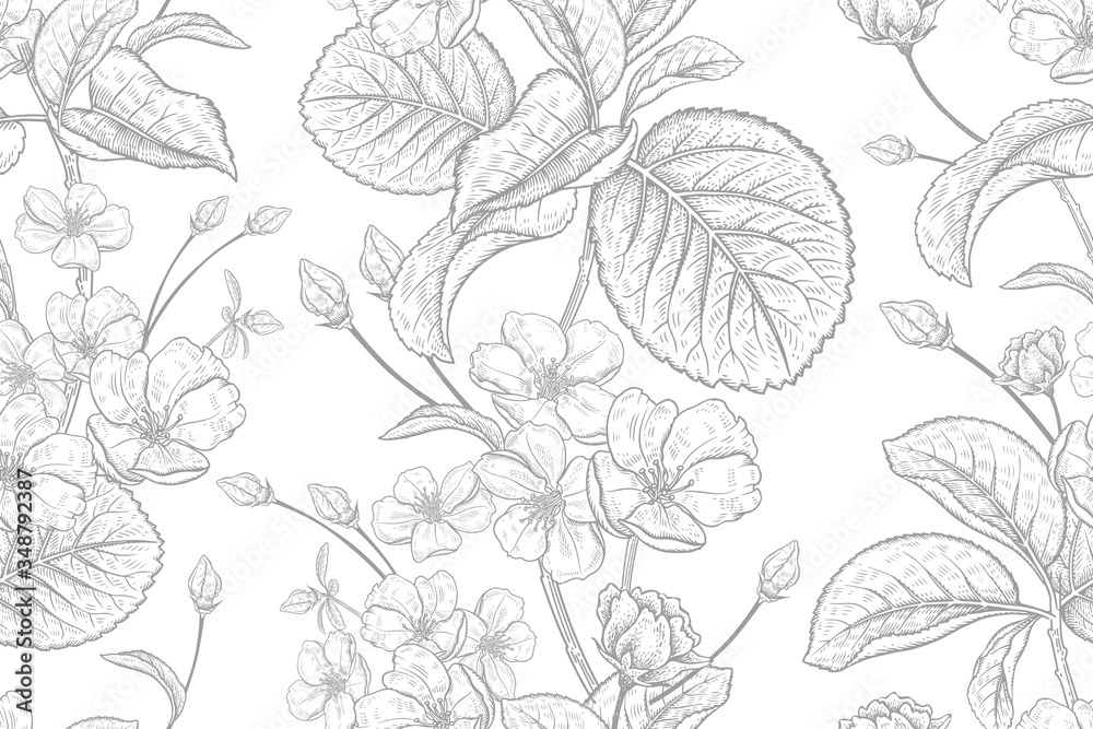 Floral vintage seamless pattern with Japanese cherry. Black and white.