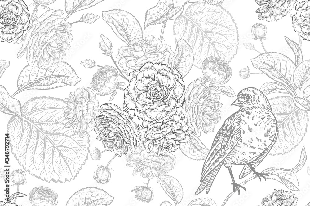 Fototapeta Floral vintage seamless pattern with Japanese cherry and bird. Black and white.