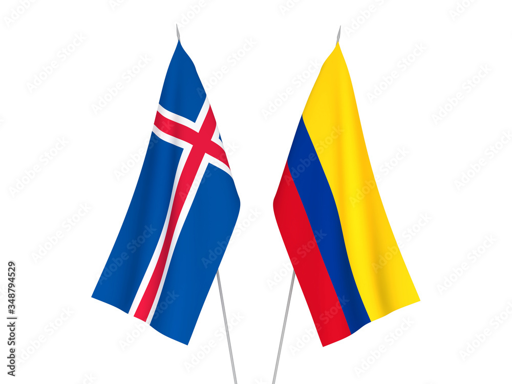 National fabric flags of Colombia and Iceland isolated on white background. 3d rendering illustration.