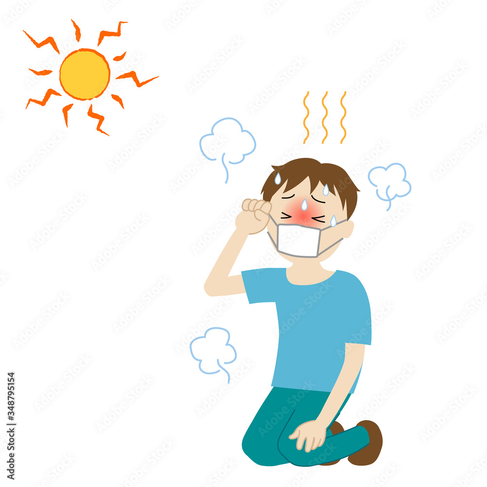 Illustration of a boy wearing a mask and likely to have heat stroke Illustration of a boy wearing a mask and likely to have heat stroke
