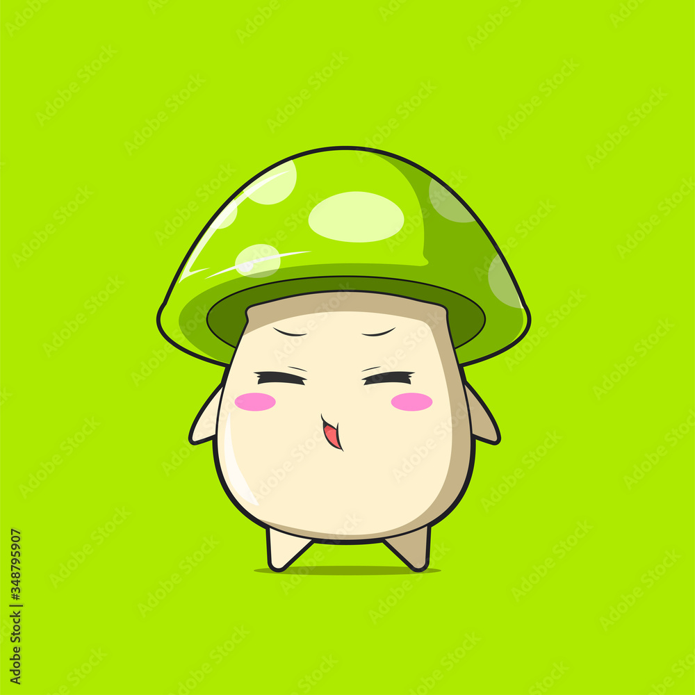 Cute green mushroom character feel joy. Vector flat carton character illustration Cute green mushroom character feel joy. Vector flat carton character illustration