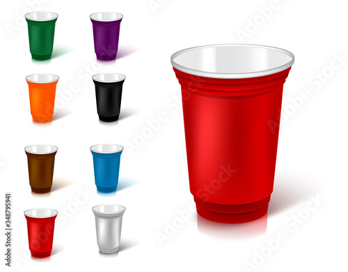 set of colored plastic cups. Utensils for street food
