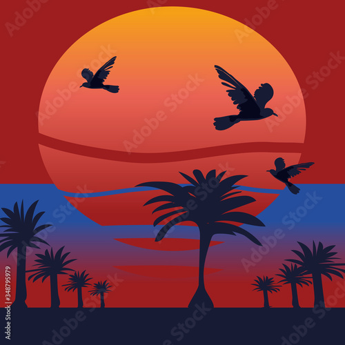 Tropical beach at sunset,birds are flying, romantic landscape