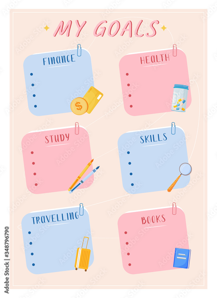 My goals creative planner page design. Plan for different category