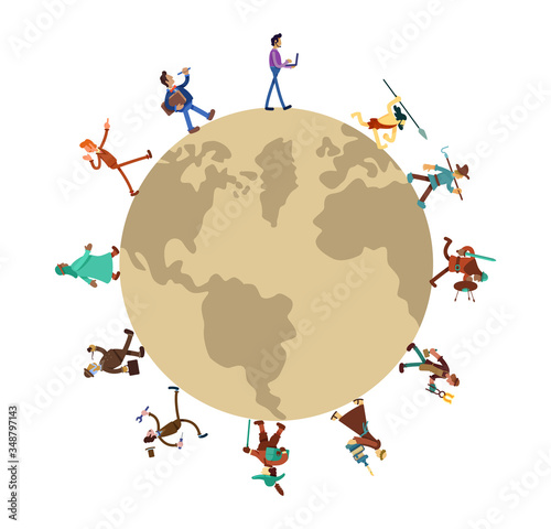 Humanity history around world 2D vector web banner, poster set. Global evolution flat characters on cartoon background. Society development printable patches, colorful web elements