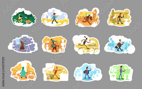 Time period people 2D vector web banner, poster set. Ancient history. Humanity evolution flat characters on cartoon background. Society development printable patches, colorful web elements