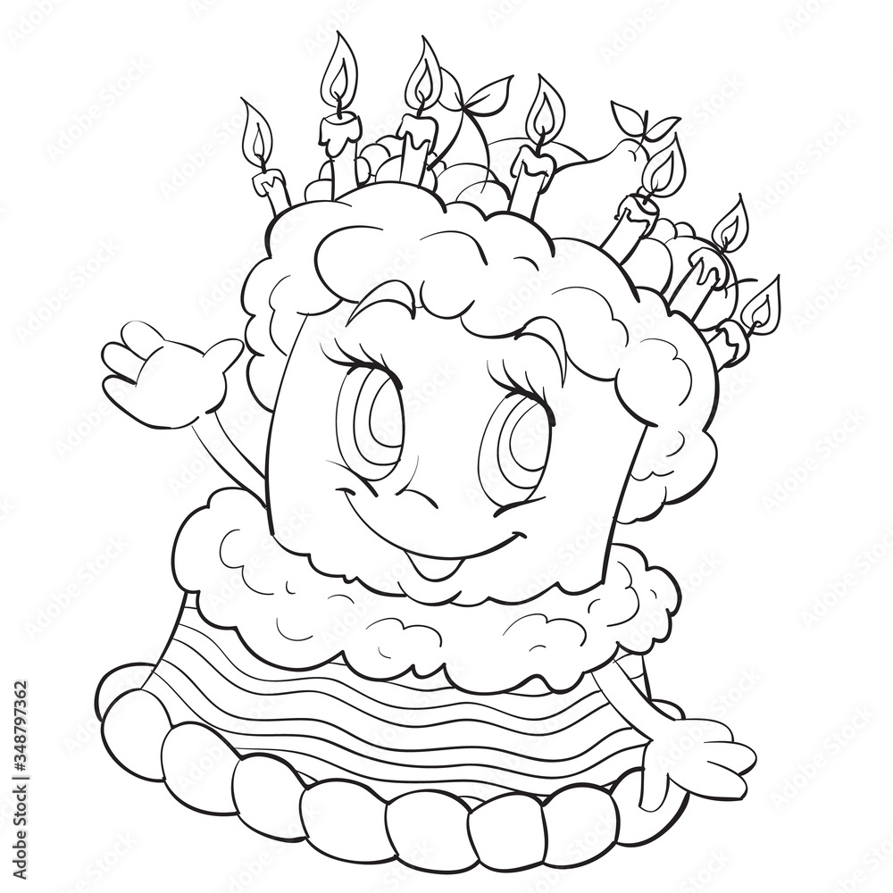 cheerful character of a three-story cake, outline drawing, coloring, sketch, isolated object on a white background, vector illustration, cheerful character of a three-story cake, outline drawing, coloring, sketch, isolated object on a white background, vector illustration,