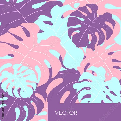Monstera leaf repeat motiff flat color vector background. Pink, blue philodendron colorful leaves. Floral pattern. Tropical summer vacation social media post mock up. Exotic resort web banner template