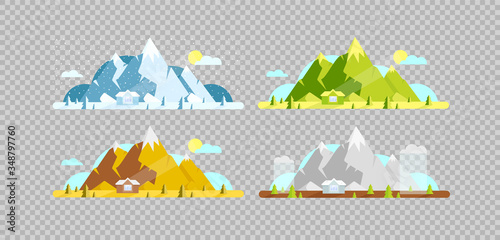 Mountain and house flat color vector objects set. Four seasons. Hill and village lodge on summer, spring, winter and autumn 2D isolated cartoon illustrations on transparent background