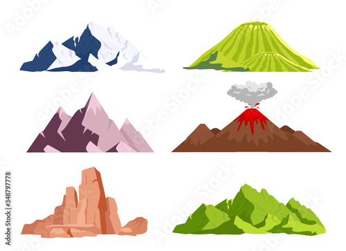 Mountains flat color vector objects set. Ice peaks  green hills. Wild nature landscape elements. Dry desert canyon. Volcano eruption phenomenon. 2D isolated cartoon illustrations on white background