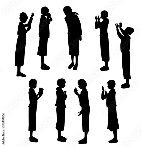 Silhouette of Jewish women praying.
Religious ultra-Orthodox mothers. Some hold arrangement, cry, beg, raise hands to heaven, say confession.
Black on a white background. Each character is separate.