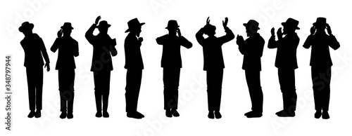 Silhouettes of Orthodox Jewish followers praying and crying. With a hat and a suit. Each character takes a different action: begging, calling in the arrangement, punching his heart, raising his hands.