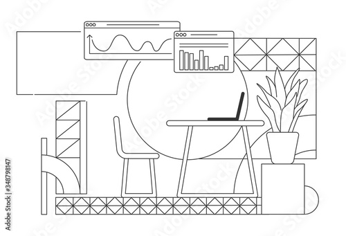 Business analyst home office interior design outline vector illustration. Contemporary corporate employee workplace contour composition on white background. Charts and table simple style drawing