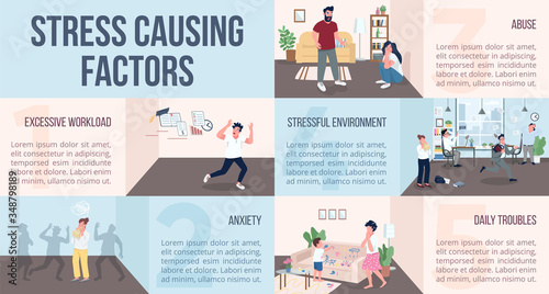 Stress causing factors flat color vector informational infographic template. Panic poster, booklet, PPT page concept design with cartoon characters. Advertising flyer, leaflet, info banner idea