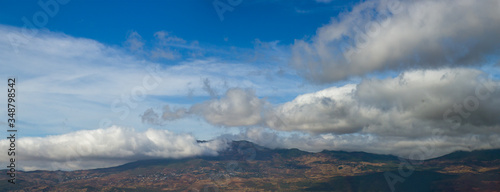 Panorama of Rif mountain in Chefchaouen, Morocco. Beautiful scenery with cloudy sky in the mountains