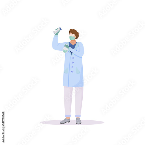 Chemist with flasks flat color vector faceless character. Scientific research. Man wearing face mask and protective goggles isolated cartoon illustration for web graphic design and animation