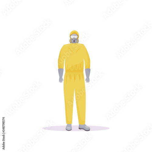 Person wearing protective suit with flasks flat color vector faceless character. Radiation protection. Human in hazmat clothing isolated cartoon illustration for web graphic design and animation