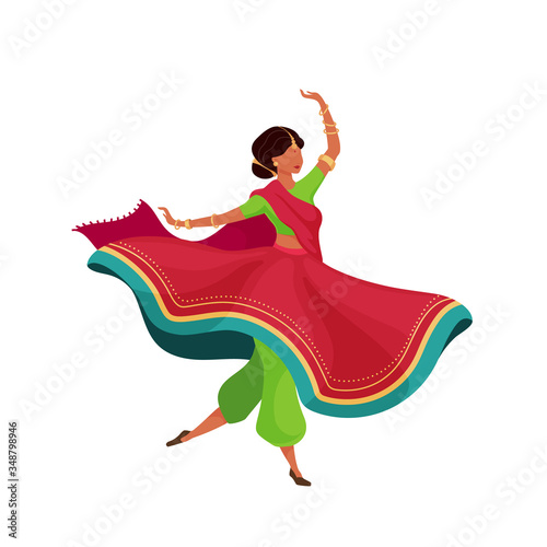 Woman in flowing sari flat color vector faceless character. Dynamic dancing pose. Indian female performer. Teej festival celebration isolated cartoon illustration for web graphic design and animation
