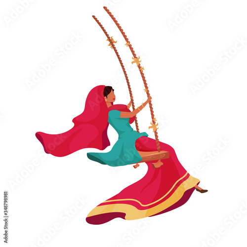 Woman in sari flat color vector faceless character. Traditional indian ceremony for religious holiday. Teej festival celebration isolated cartoon illustration for web graphic design and animation