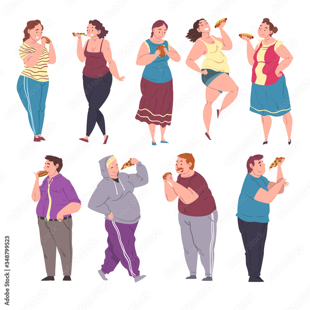 Obraz premium Happy Fat People Eating Fast Food Set, Cheerful Obese Men and Women Enjoying of Eating, Unhealthy Diet and Lifestyle, Body Positive Concept Vector Illustration
