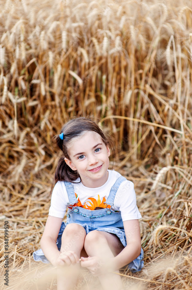 A little girl in a denim sundress sitting in background of ripening ears of meadow wheat field. Selective focus. A little girl in a denim sundress sitting in background of ripening ears of meadow wheat field. Selective focus.