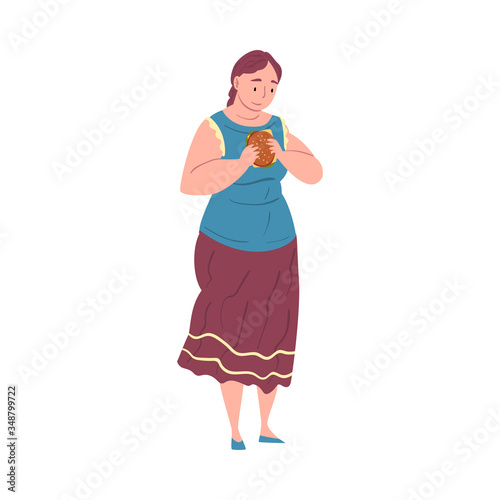 Smiling Plump Woman Eating Burger, Plus Size Woman Enjoying of Junk Food, Unhealthy Lifestyle Vector Illustration