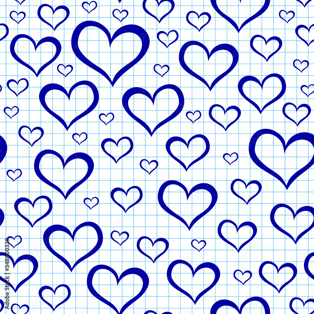 Cute Valentine vector seamless pattern with hearts handwritten with ink pen on grid copybook paper