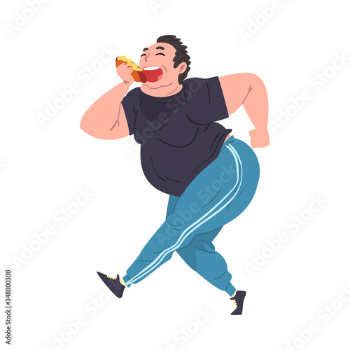 Happy Funny Fat Man Eating Hotdog, Obese Guy Enjoying of Fast Food Dish while Walking, Unhealthy Diet and Lifestyle Vector Illustration