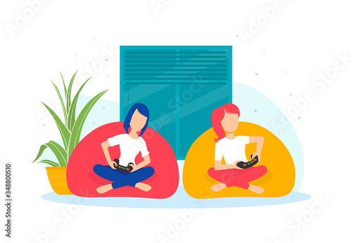 Girls Sitting with Crossed Legs on Armchairs and Playing Video Games Together Vector Illustration