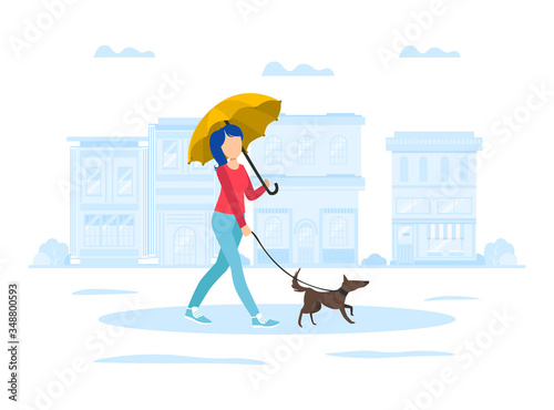 Young Woman with Umbrella Walking with Dog on Leach on City Street Vector Illustration