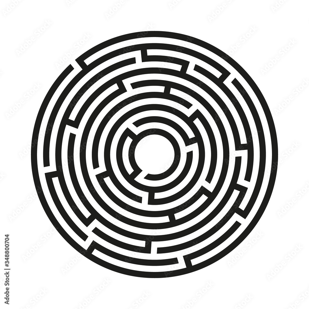 Black circle vector maze isolated on white background. Black labyrinth with one right way. Vector maze icon. Labyrinth symbol. Circle puzzle Black circle vector maze isolated on white background. Black labyrinth with one right way. Vector maze icon. Labyrinth symbol. Circle puzzle