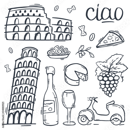 Cartoon cute hand drawn Italian travel background. Vector illustration.