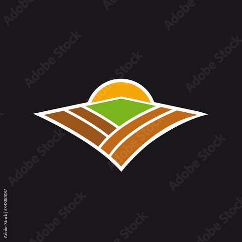 Abstract cultivated countryside with the sun on the horizon. Vector sign Organic farming