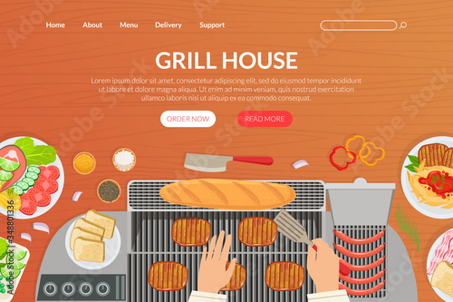 Grill House Tasty Dishes Landing Page Template, Top View of Table with Chefs Hands Cooking BBQ Homepage, Mobile App Vector Illustration