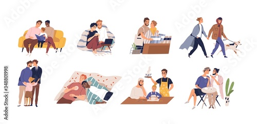 Set of diverse homosexual couple vector flat illustration. Collection of international gay family with children and dog isolated on white background. Male fathers enamored spending time together